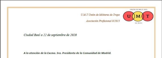 Carta a Sra. Ayuso: Carta de la Unión de Militares de Tropa, UMT, a la Sra. Presidenta de la Comunidad de Madrid