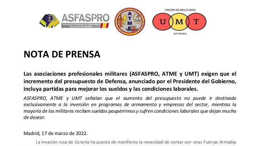 Las asociaciones profesionales militares ASFASPRO, ATME y UMT exigen que el incremento del presupuesto de Defensa anunciado por el Presidente del Gobierno incluya partidas para mejorar los sueldos y las condiciones laborales.