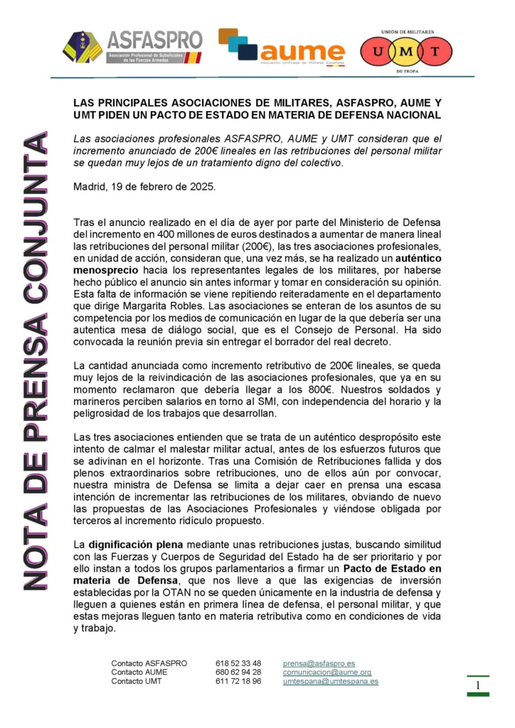 LAS PRINCIPALES ASOCIACIONES DE MILITARES, UMT, ASFASPRO Y AUME PIDEN UN PACTO DE ESTADO EN MATERIA DE DEFENSA NACIONAL