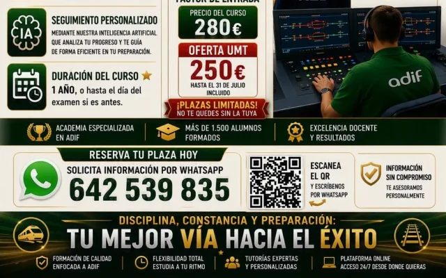 Oferta Curso de Controlador de Circulación de ADIF para socios de UMT