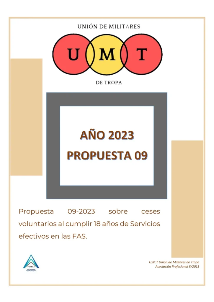 Propuesta UMT 09-23 sobre ceses voluntarios al cumplir los 18 años de servicios efectivos en las FAS