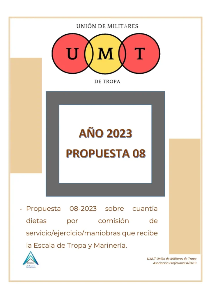 Propuesta UMT 08-23 sobre cuantía dietas por comisión de servicio/ejercicio/maniobras que recibe la Escala de Tropa y Marinería