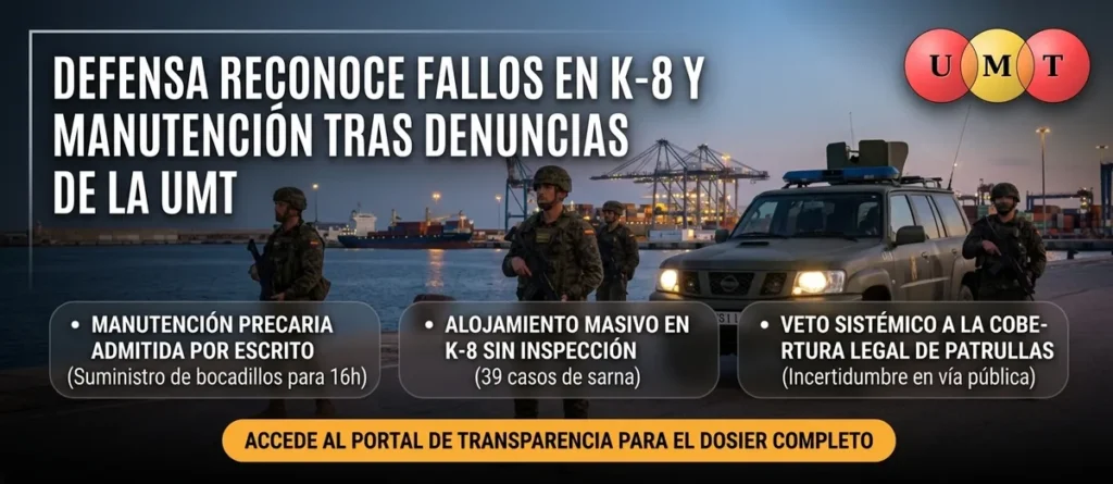 DEFENSA RECONOCE EL FALLO EN LA MANUTENCIÓN INICIAL Y EL ALOJAMIENTO MASIVO EN LA BATERÍA K-8 SIN INSPECCIÓN SANITARIA TRAS LAS DENUNCIAS DE LA UMT