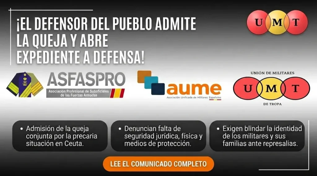 EL DEFENSOR DEL PUEBLO ADMITE A TRÁMITE LA QUEJA DE ASFASPRO, AUME Y UMT Y ABRE EXPEDIENTE ANTE DEFENSA POR LA SITUACIÓN DE LOS MILITARES EN CEUTA
