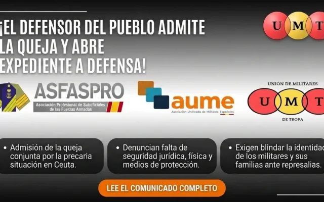 EL DEFENSOR DEL PUEBLO ADMITE A TRÁMITE LA QUEJA DE ASFASPRO, AUME Y UMT Y ABRE EXPEDIENTE ANTE DEFENSA POR LA SITUACIÓN DE LOS MILITARES EN CEUTA