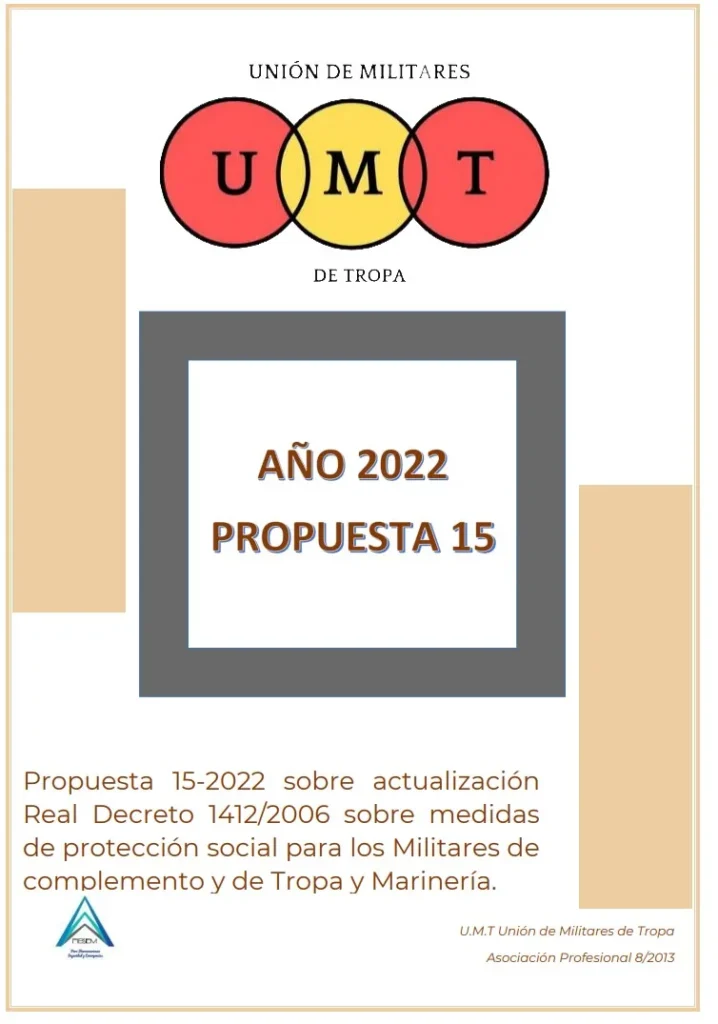 Propuesta UMT 15-2022 sobre actualización RD 1412/2006 sobre medidas de protección social para los Militares de Complemento y de Tropa y Marinería